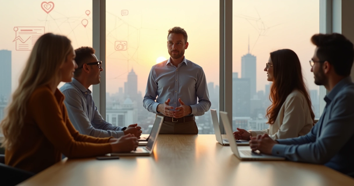 Líder acolhendo equipe diversa em reunião colaborativa 