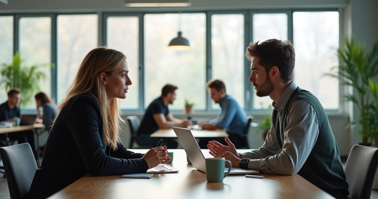 Gestor e colaborador conversando individualmente em escritório de agência, ambiente moderno de trabalho
