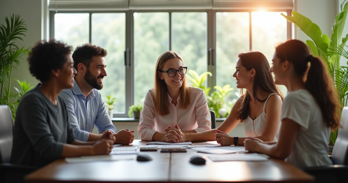 Reunião de equipe com gestos de apoio em ambiente claro e natural 