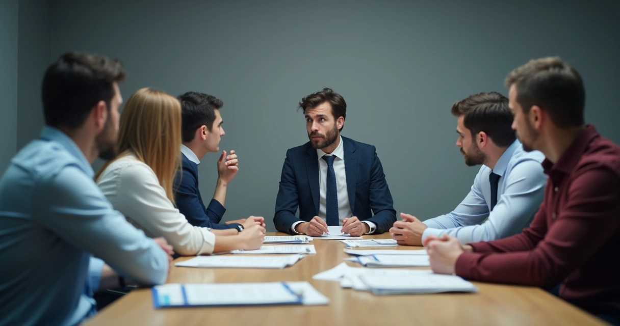 Time de trabalho com tensão visível entre membros e líder com expressão irritada. 