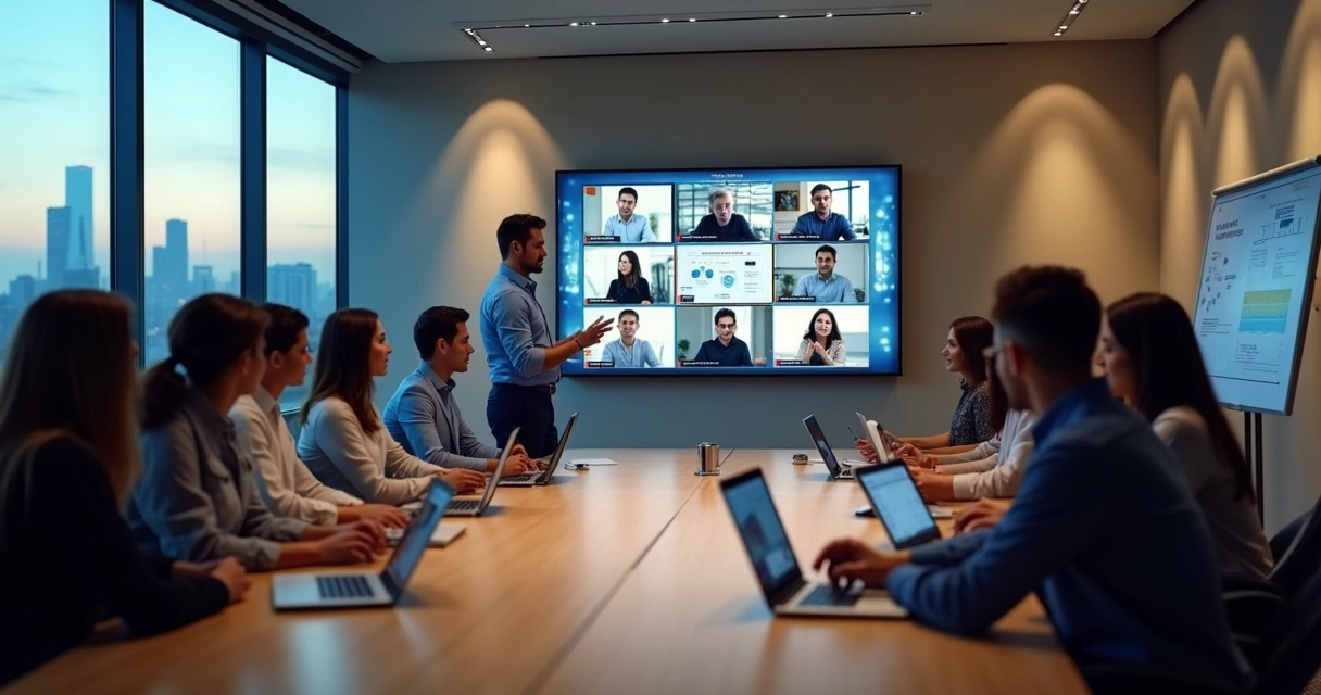 Líder conduzindo reunião híbrida com equipe em mesa e telões com participantes remotos 