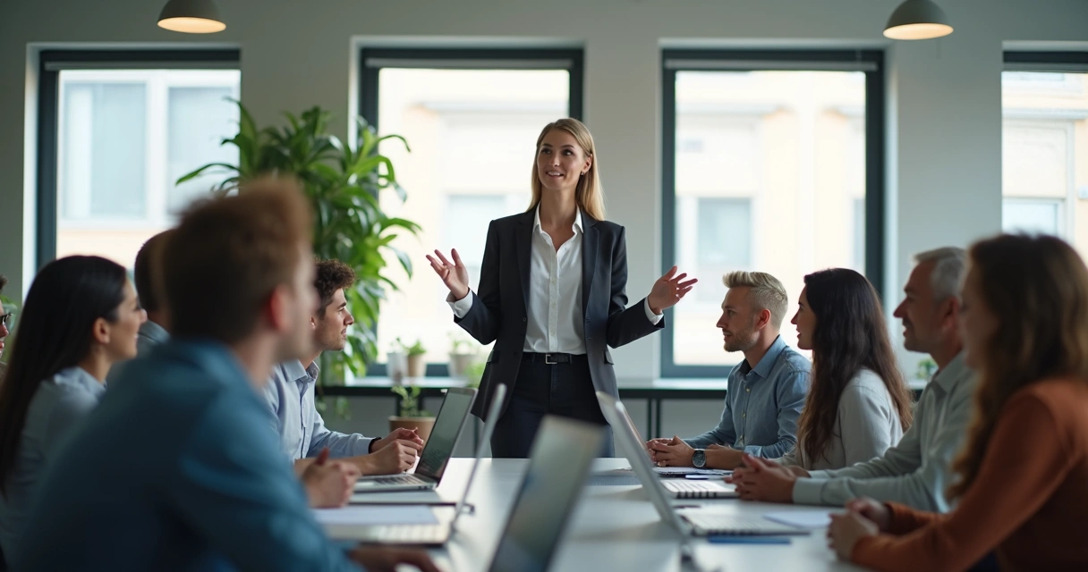 Líder orientando equipe em ambiente de trabalho, com todos atentos e engajados. 