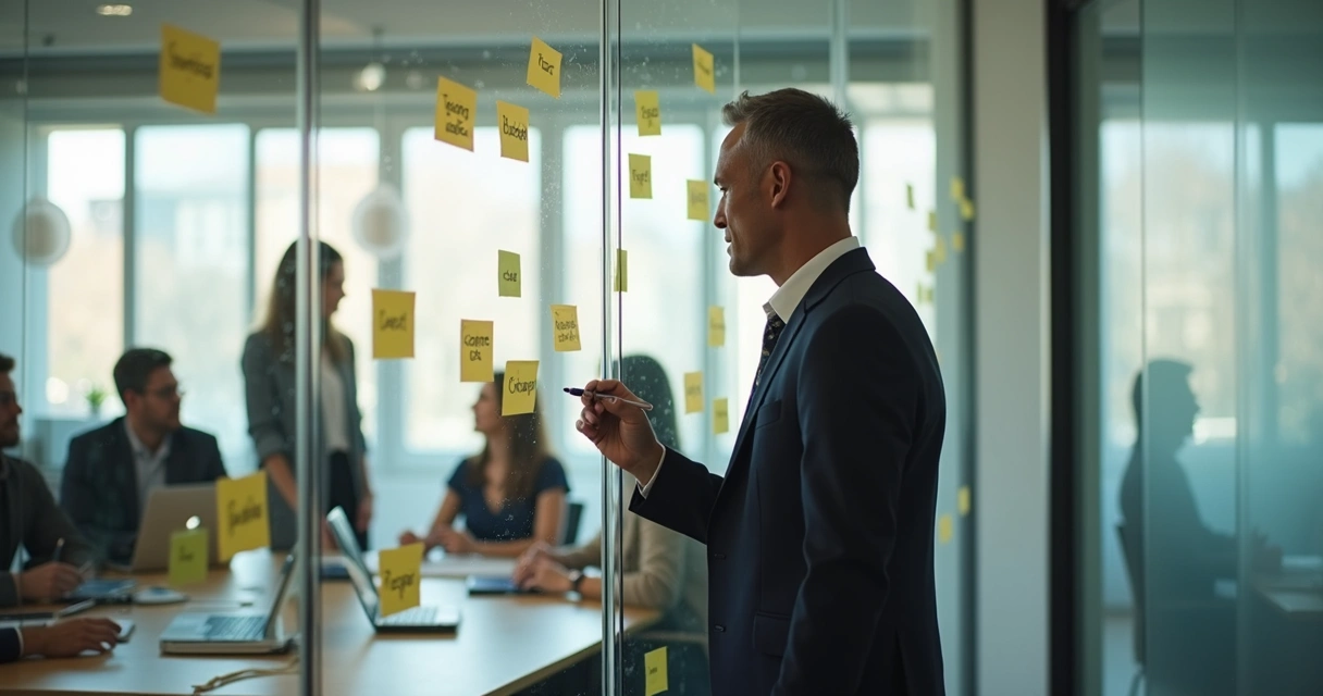 Líder anotando valores em quadro com equipe ao fundo