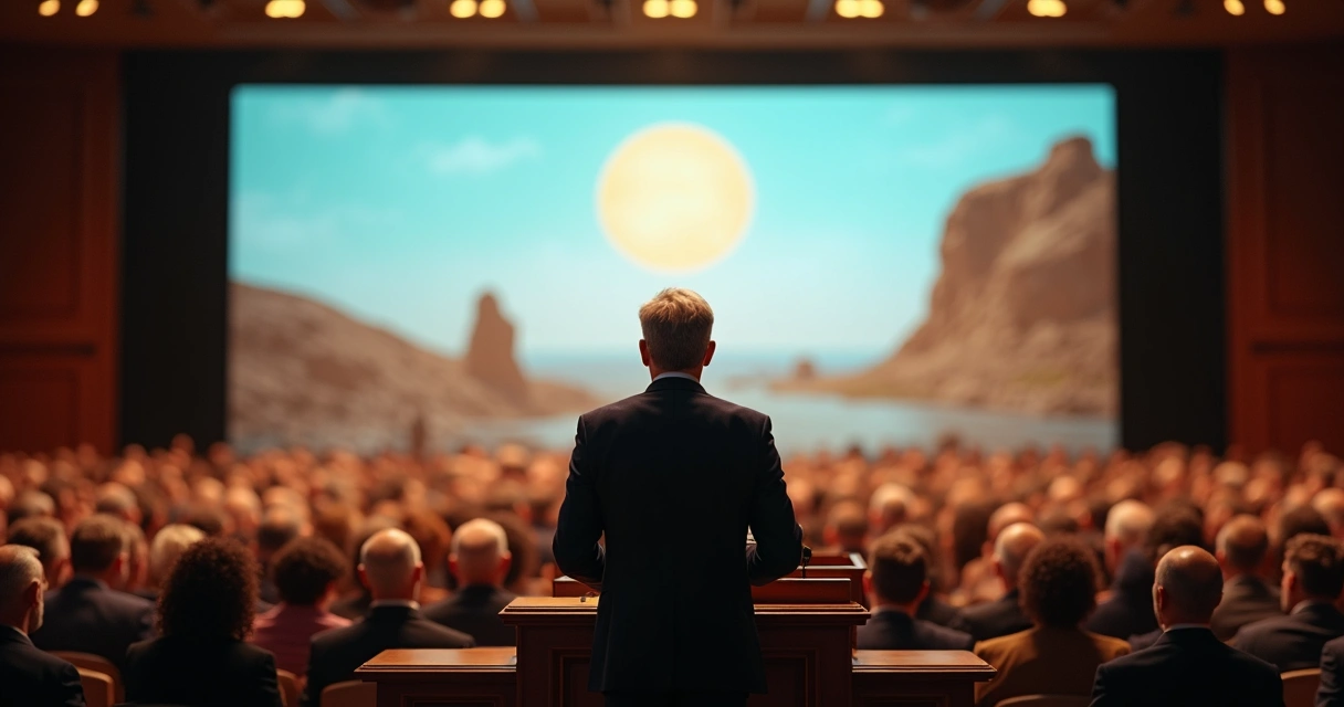 Líder falando em público com imagens históricas projetadas ao fundo 