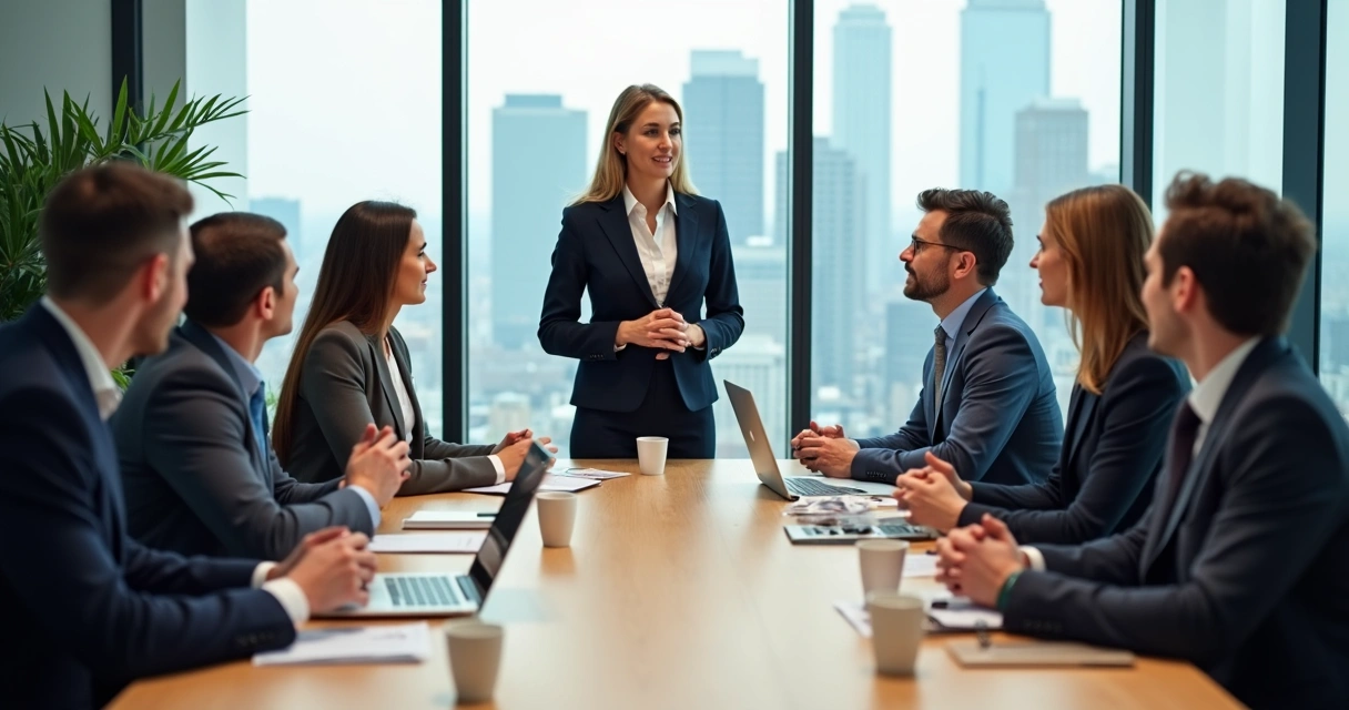 Líder conversa com equipe reunida à mesa de trabalho 