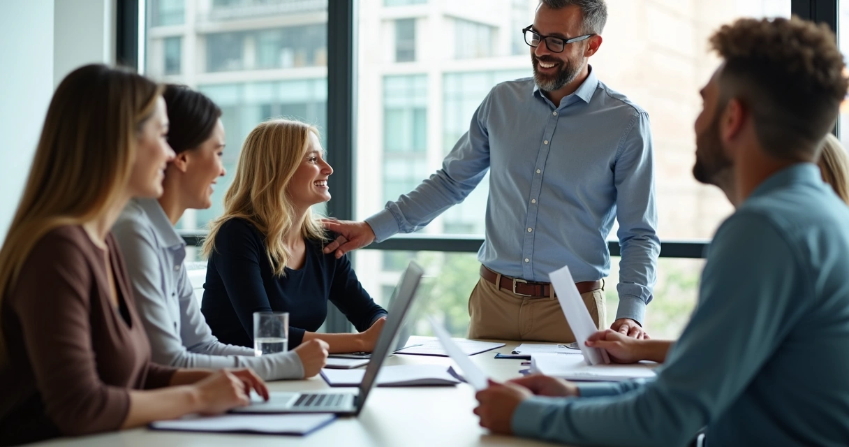 Líder encorajando colegas em ambiente colaborativo. 