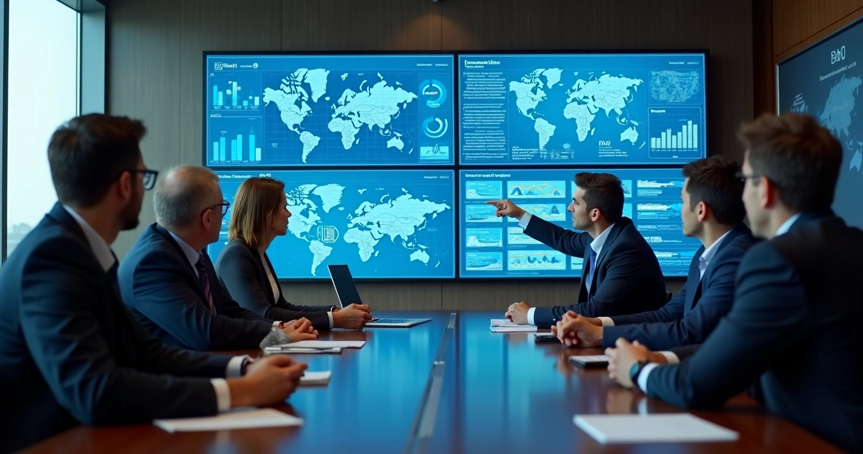 Gestores avaliando dashboards de BI em reunião 