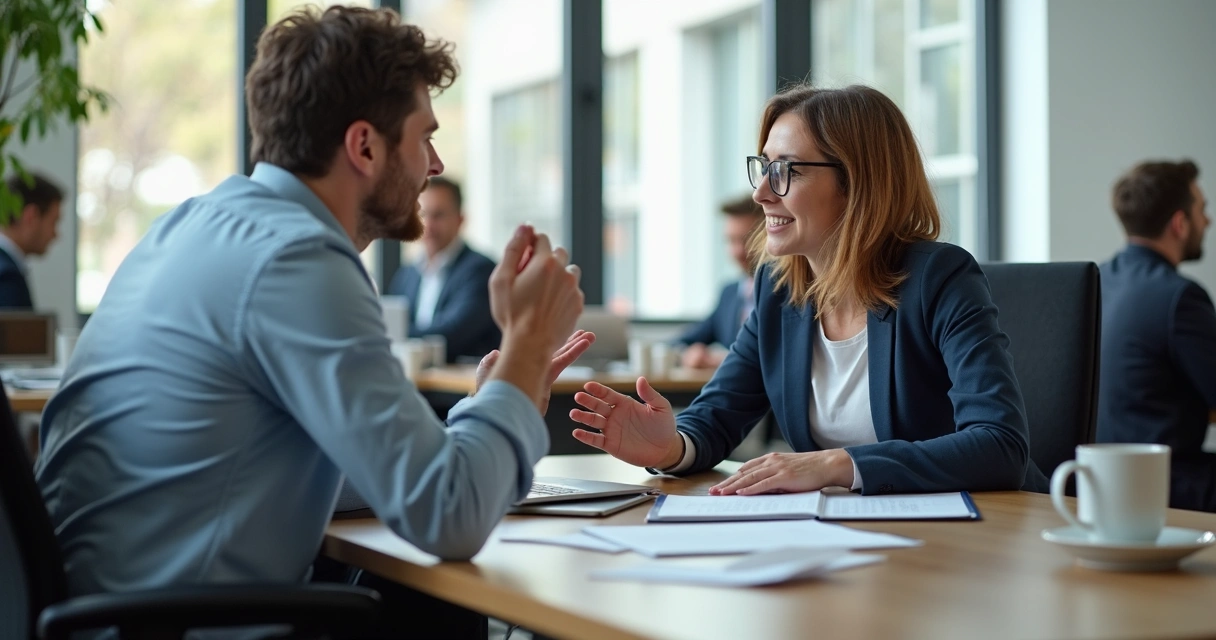 Gestor de equipe conversando e apoiando colaborador. 