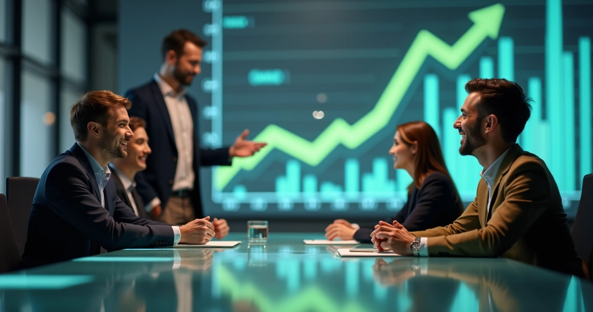 Líder apoiando equipe com gráficos de crescimento ao fundo 