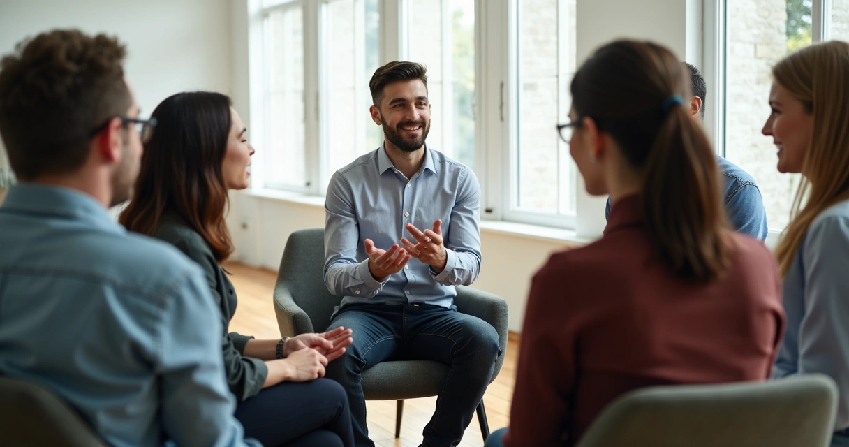 Líder e equipe reunidos em círculo focalizando aprendizado coletivo 