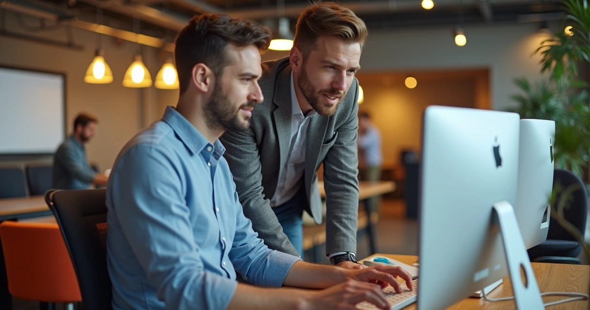 Gestor orientando colaborador em um ambiente de trabalho moderno 