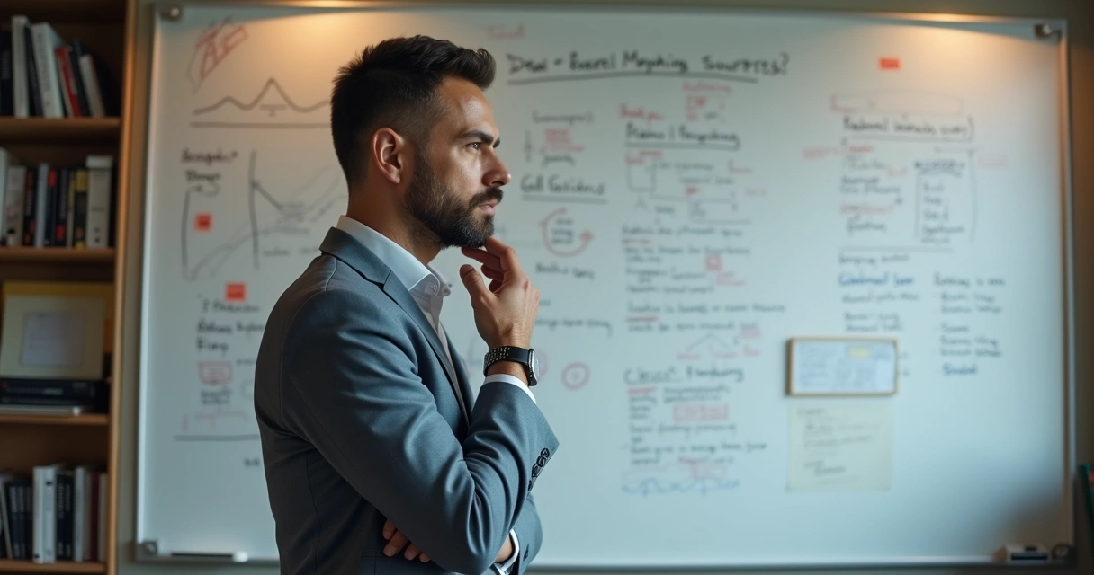 Líder refletindo diante de quadro de anotações