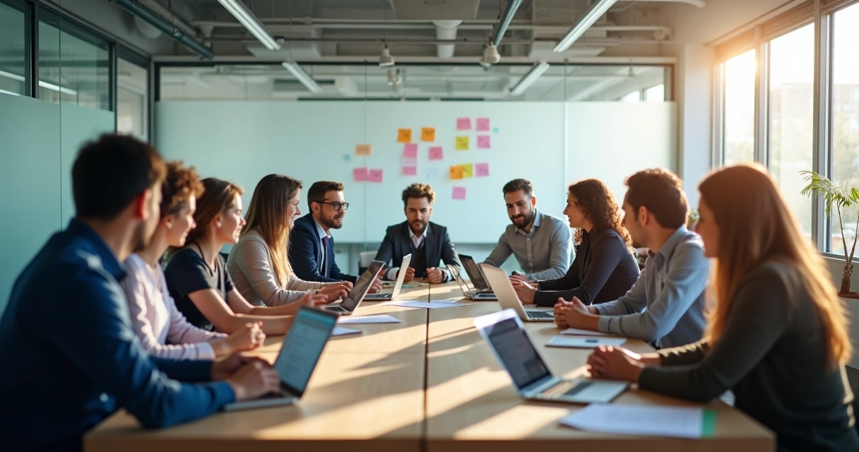 Líderes participando de treinamento com equipe reunida em sala de reunião 