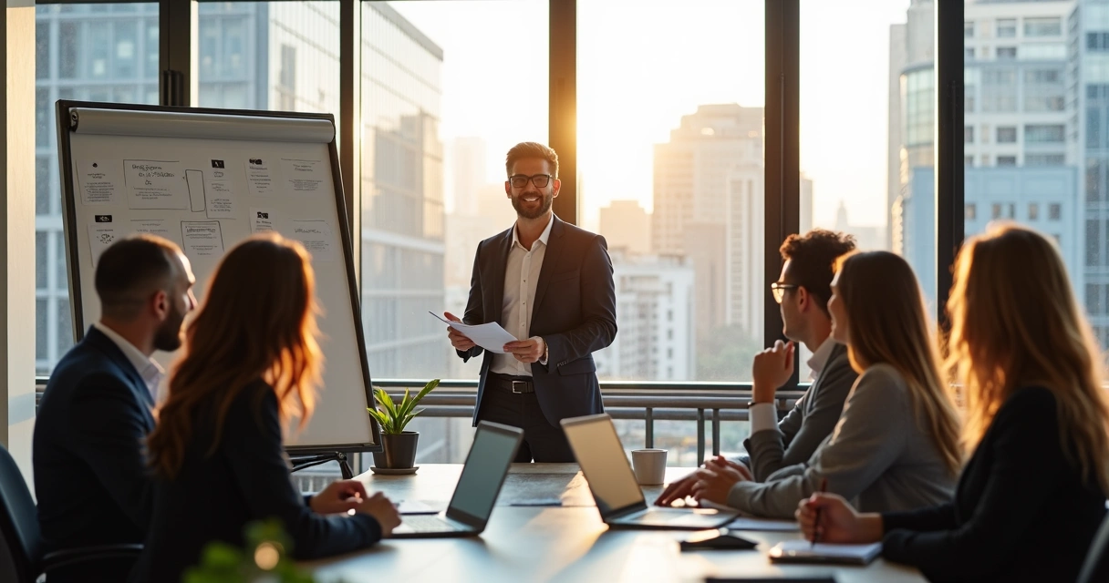 Gestor orientando equipe em treinamento empresarial 