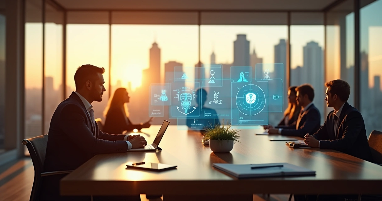 Executivo avaliando opções de decisão com símbolos de arquétipos ao fundo 