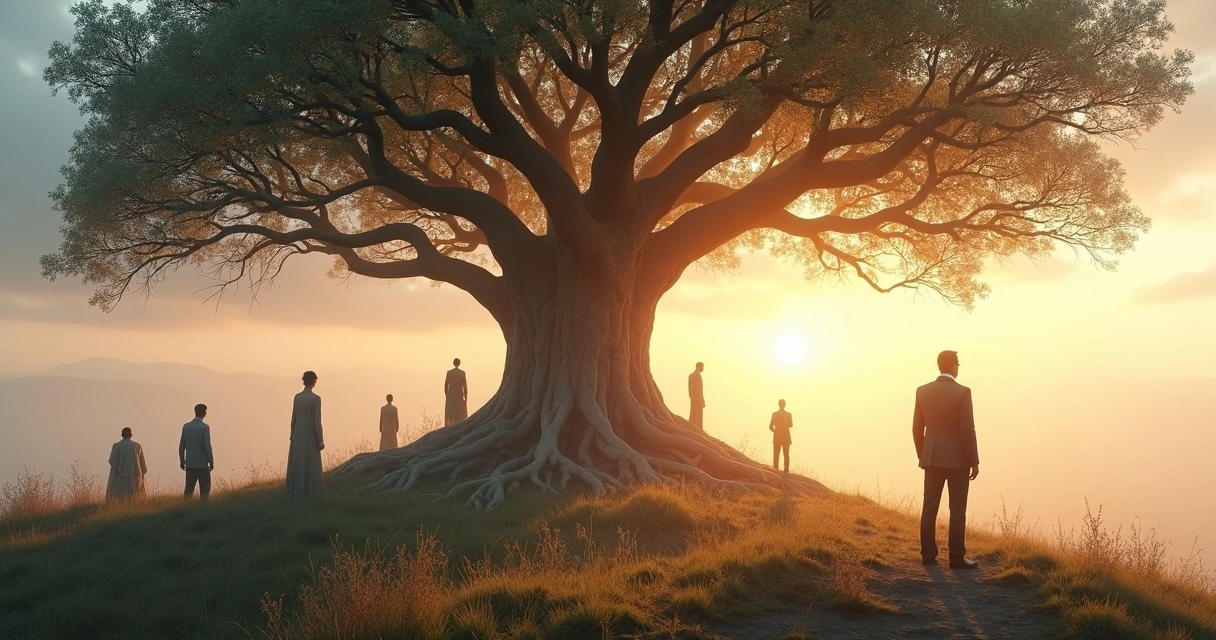 Líder em homenagem silenciosa diante de árvore de raízes luminosas 