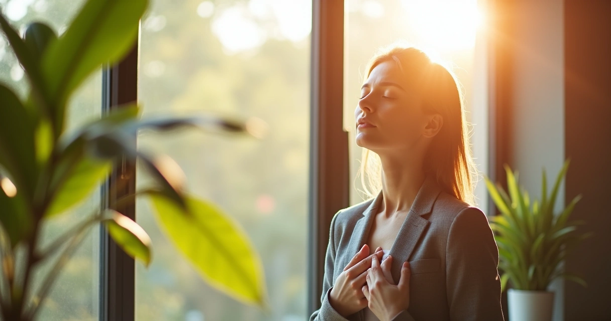 Profissional respirando fundo junto a uma janela ensolarada. 