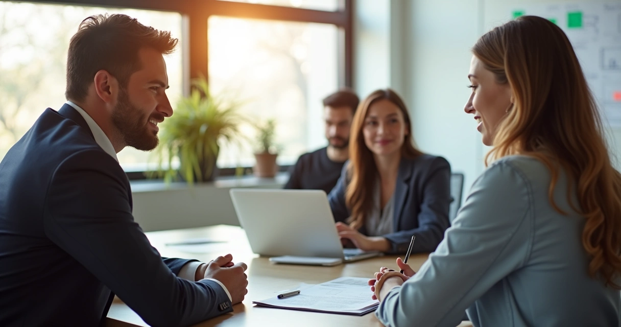 Líder atento escutando colaborador em ambiente corporativo 