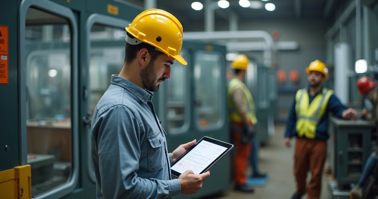 Líder fazendo auditoria de documentos de segurança em ambiente industrial 
