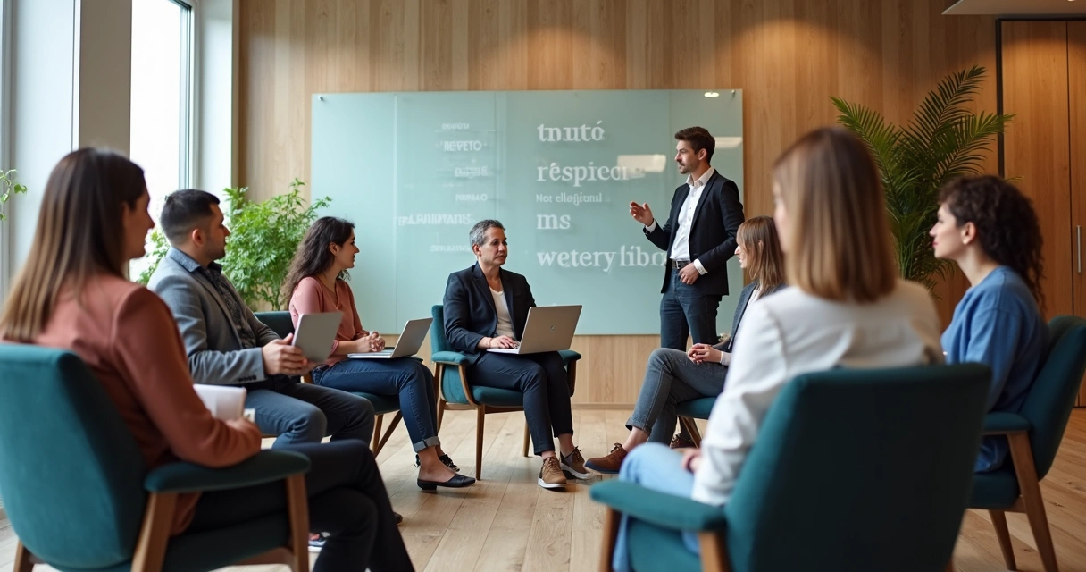 Reunião de equipe diversa em círculo com líder facilitando diálogo inclusivo 