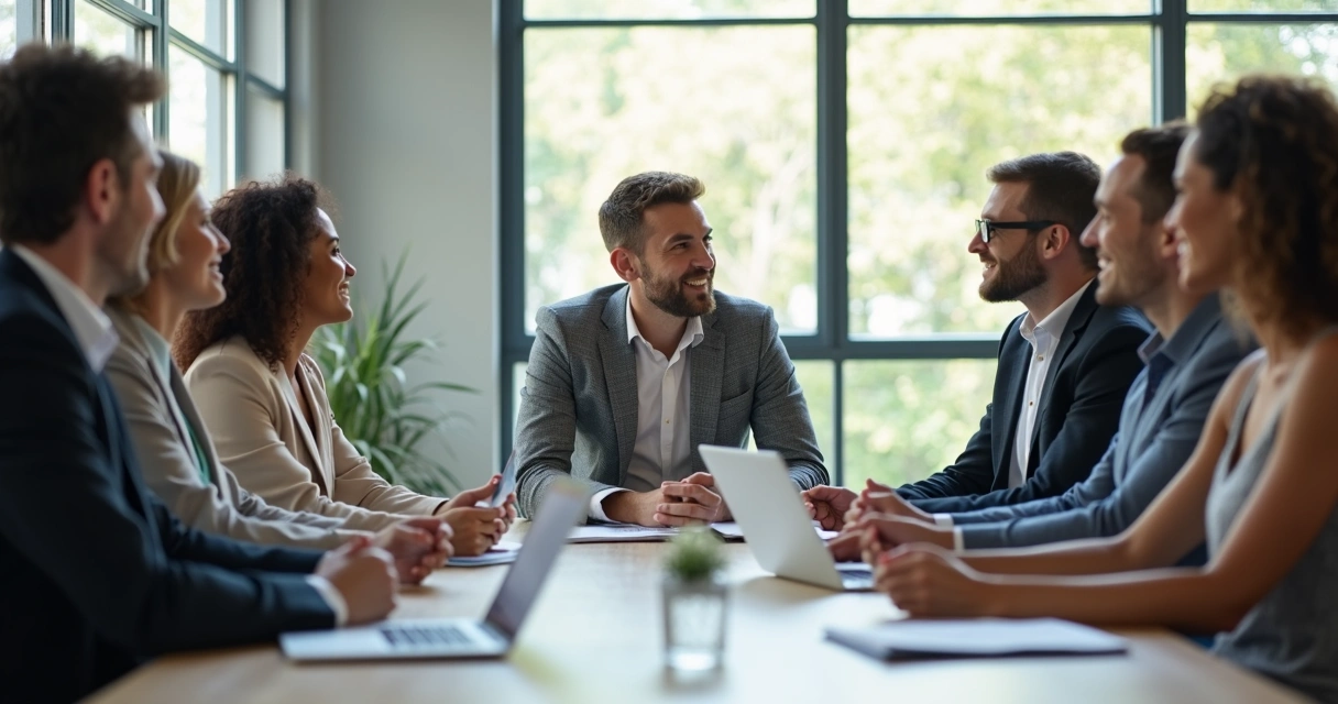 Líder em posição de escuta ativa com equipe reunida em volta de uma mesa 