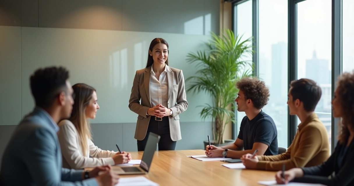 Líder em reunião em pé diante da equipe com postura calma e confiante 