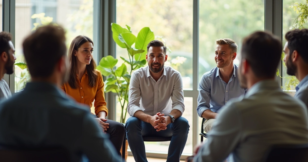 Líder autêntico reunido com sua equipe sentado em círculo numa sala iluminada por luz natural 