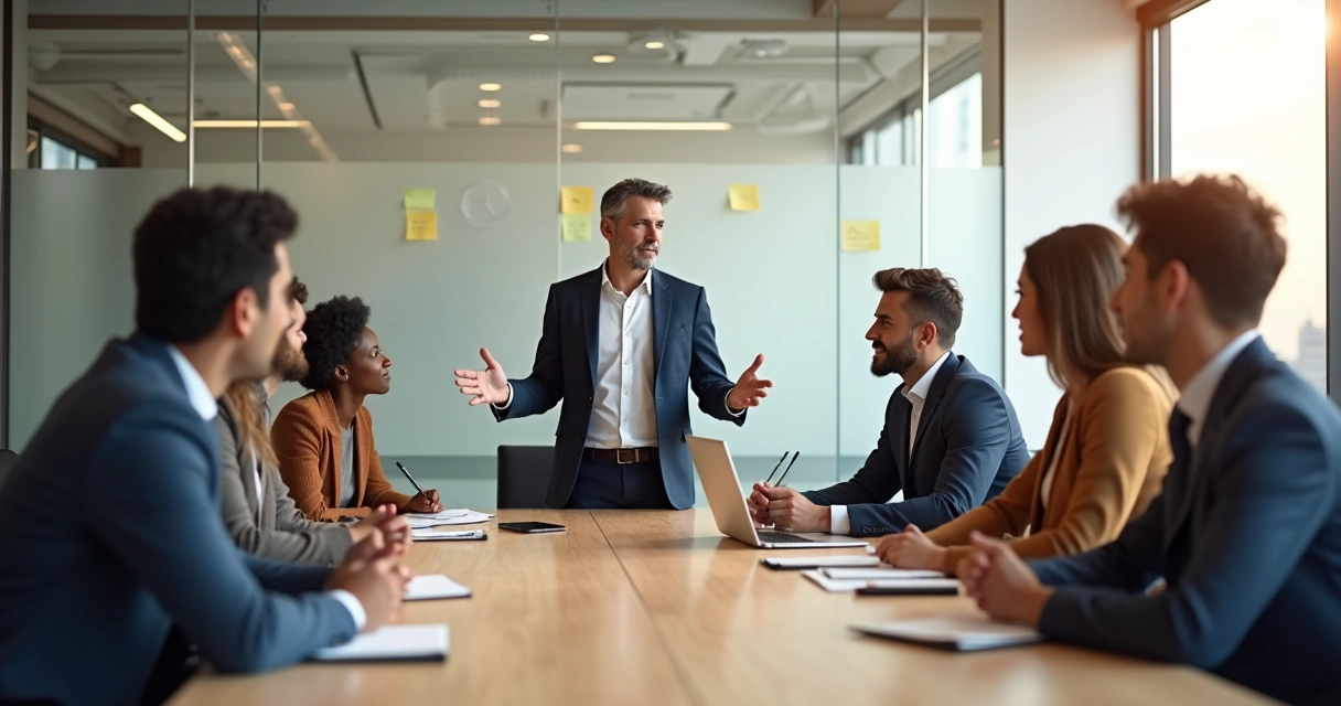 Líder em reunião com equipe mantendo postura calma e autêntica 