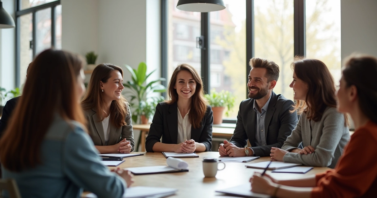 Líder autêntico sentado em círculo com equipe animada 