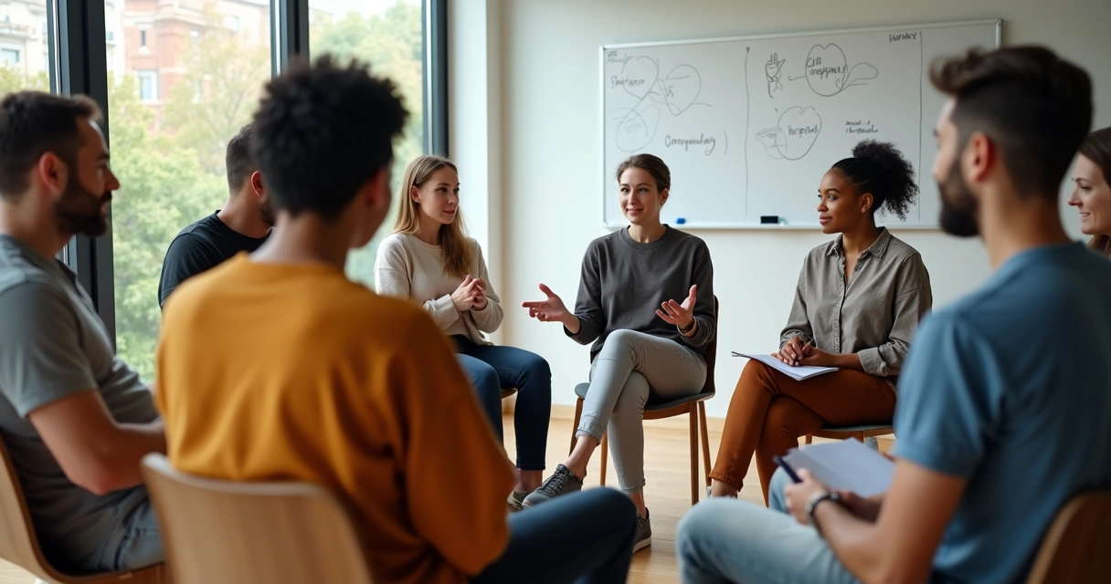 Grupo diverso em roda de conversa sobre impacto social autêntico 