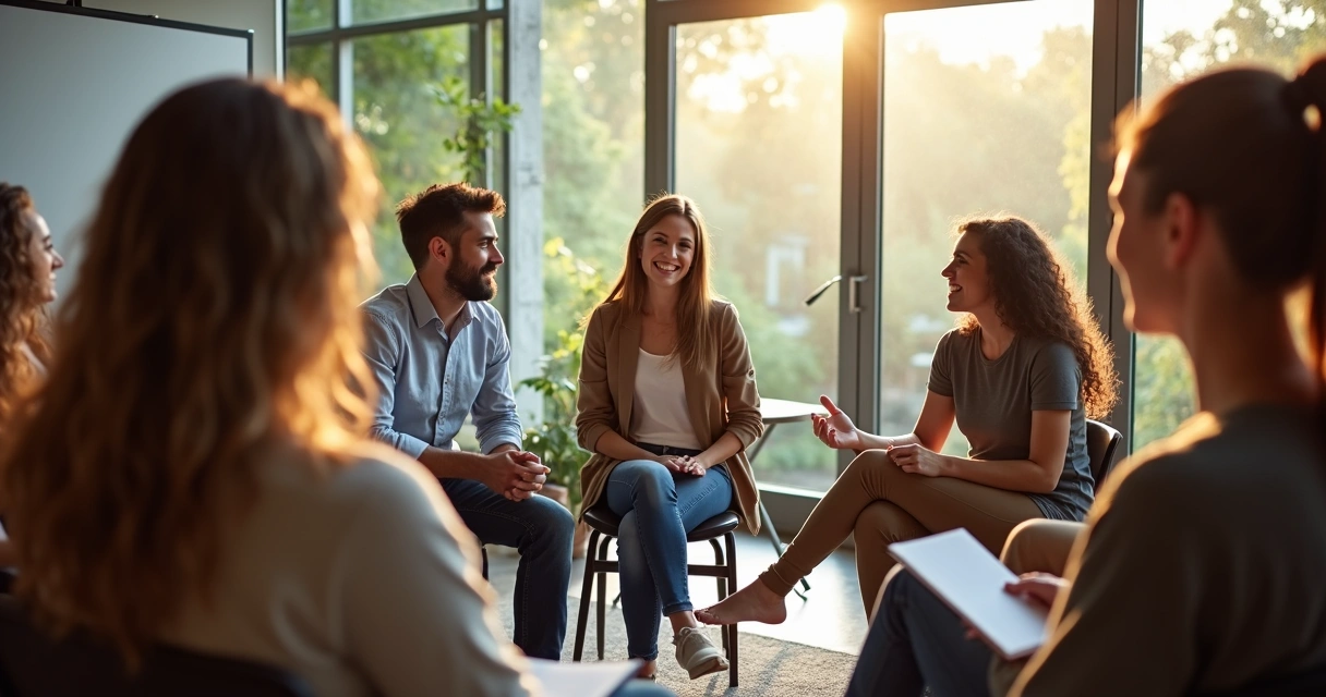 Grupo de pessoas sentadas em círculo em uma reunião, líder fala de forma aberta e todos escutam com atenção 