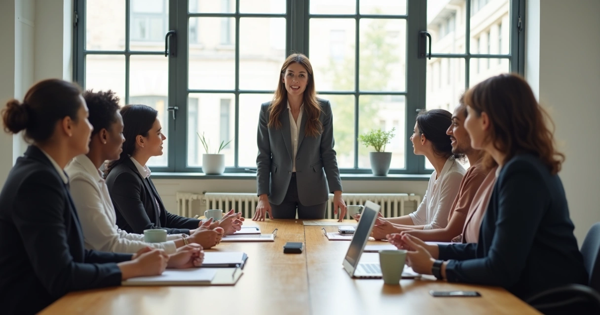 Equipe reunida ao redor de uma mesa, líder fala diretamente com os colegas 