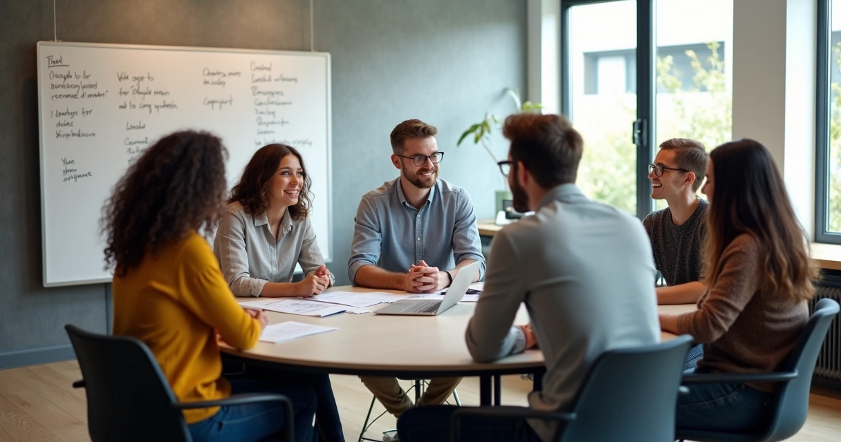 Reunião de equipe diversa com líder escutando atentamente