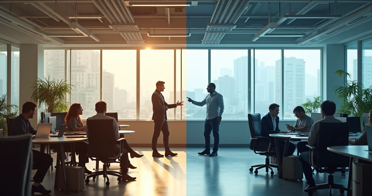 Metade da equipe perto de líder acolhedor e metade perto de líder agressivo em um escritório moderno 