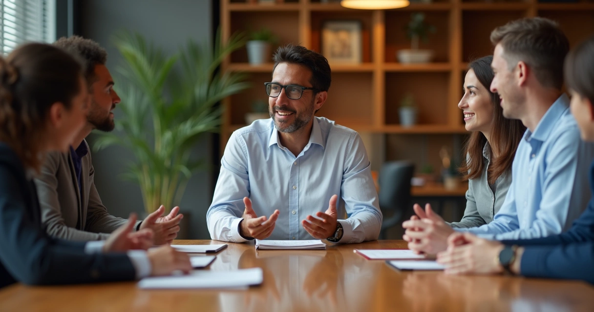 Grupo de profissionais reunidos em círculo, líder sentado compartilhando uma experiência pessoal enquanto todos escutam atentos 