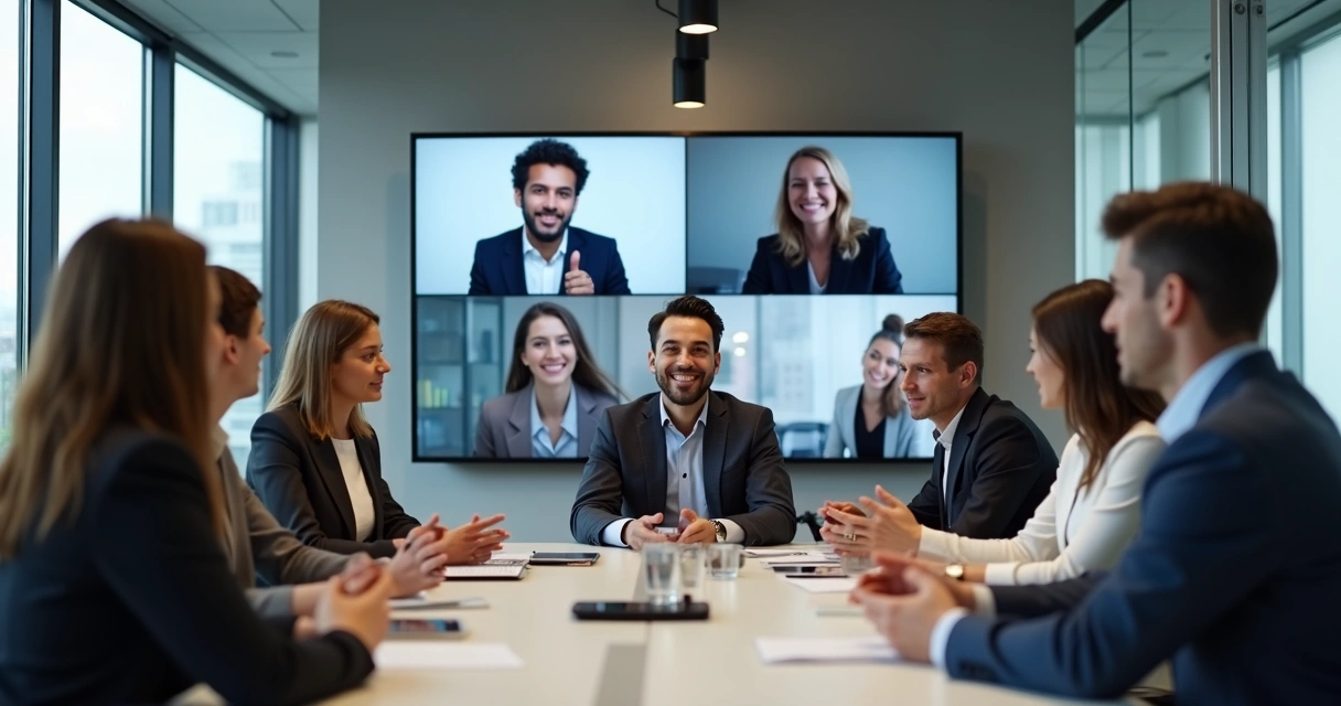 Líder conversando em reunião virtual com pessoas em telas, ambiente iluminado e tecnológico 