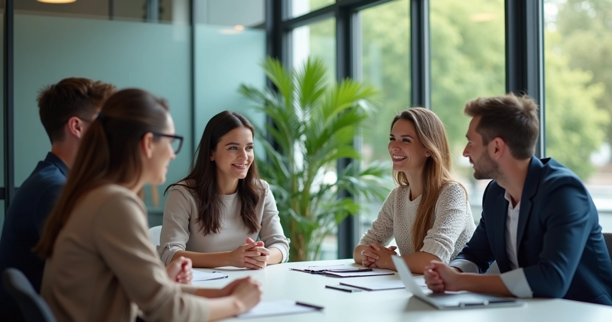 Líder conversando com equipe em sala de reunião moderna, expressão atenta e amigável 