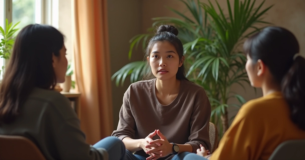 Pessoa falando para pequena plateia com expressão serena. Ambiente claro, disposição circular das pessoas, atmosfera de confiança e escuta atenta.