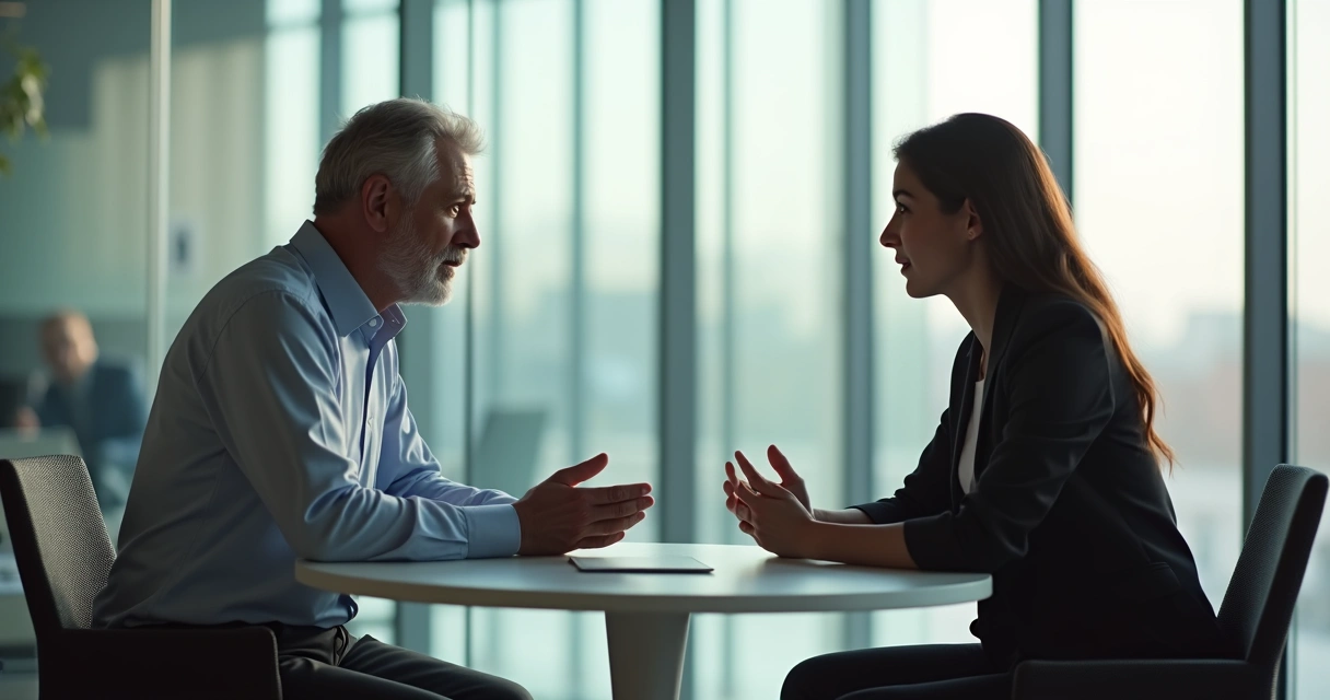 Líder conversa com profissional em sala ampla, ambos sentados, com expressão de escuta