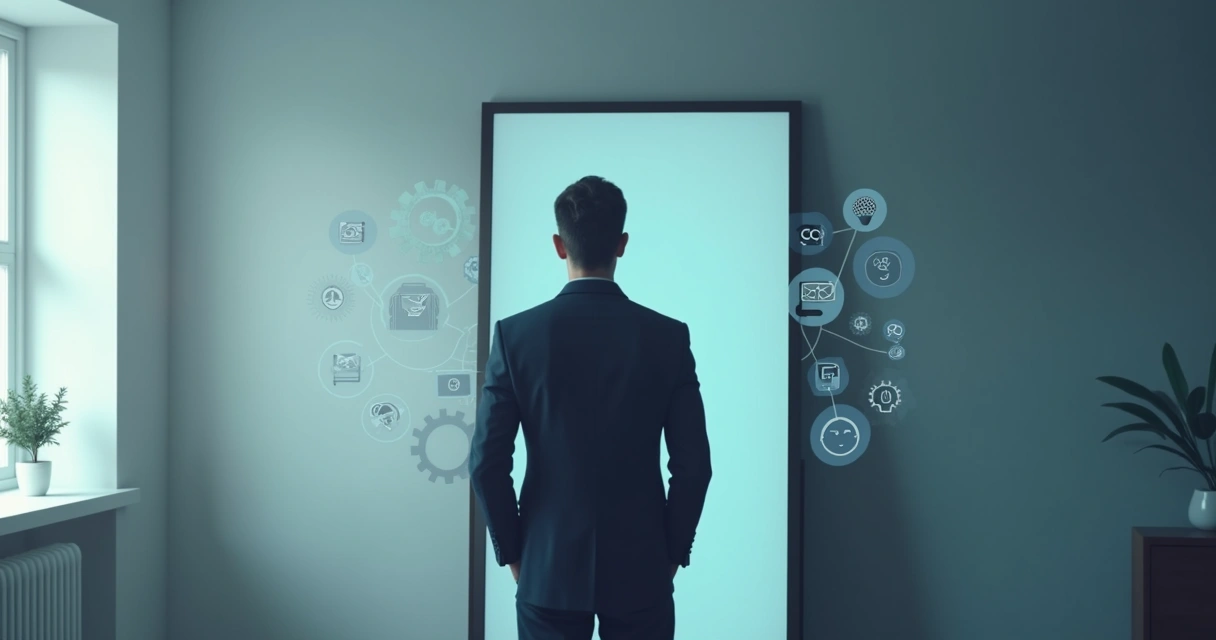 Pessoa refletindo diante de um espelho com expressão de autoconhecimento 