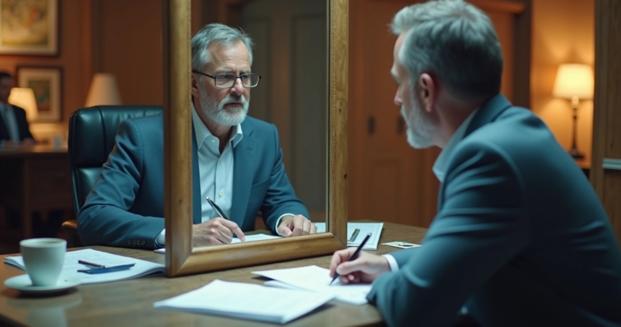 Líder sentado à mesa refletindo em frente ao espelho 