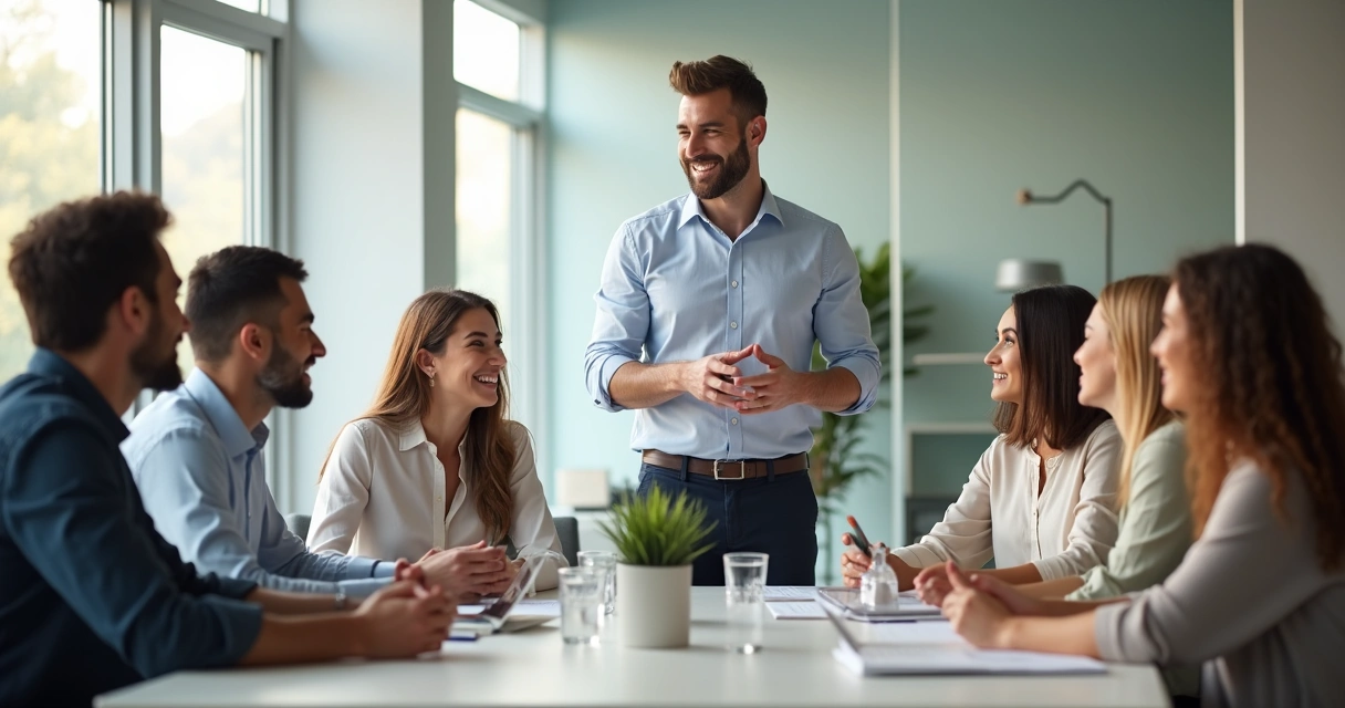 Líder sorrindo com equipe reunida ao redor da mesa 