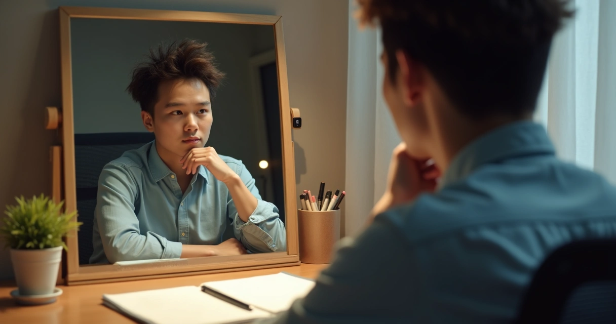 Pessoa olhando para o espelho com expressão reflexiva 