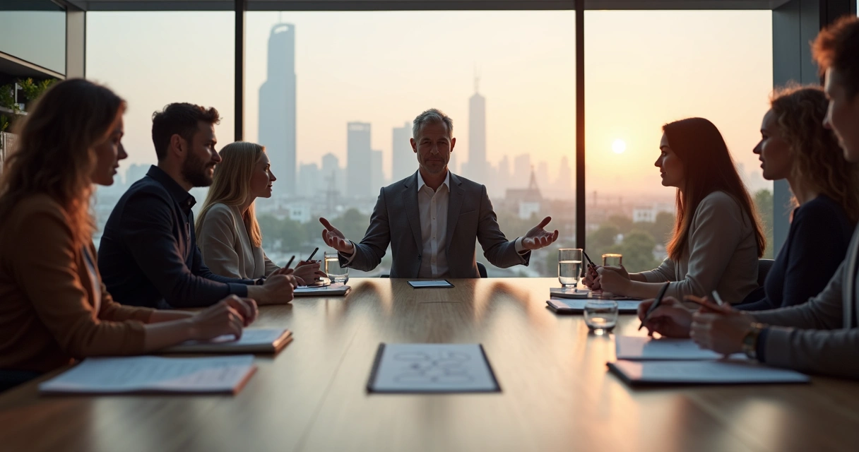 Líder em reunião guiando equipe com foco e equilíbrio emocional 