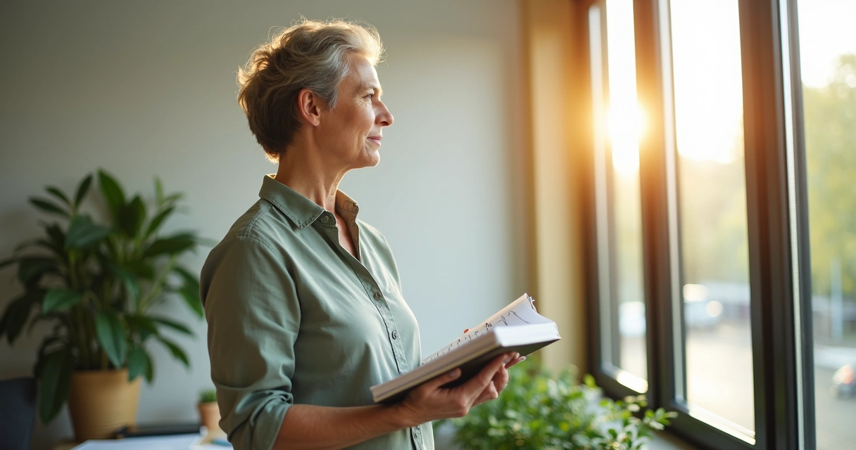 Líder em sala ampla e iluminada, olhando através de uma janela, com expressão reflexiva e caderno nas mãos 