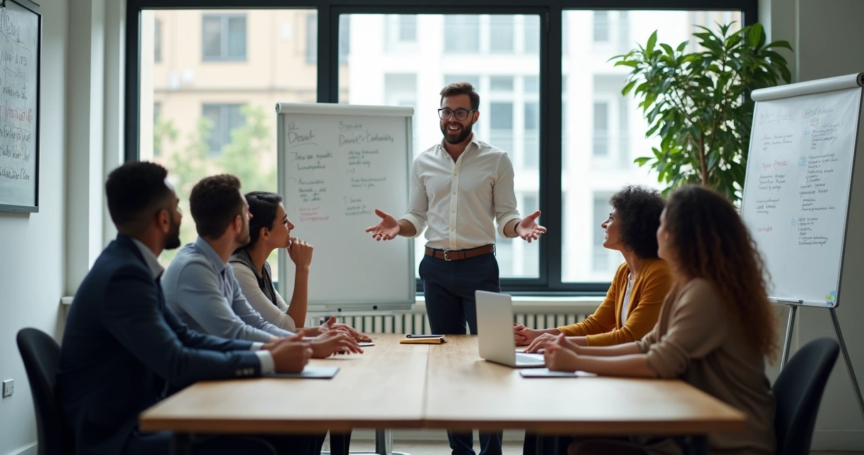 Líder em sala de reunião com equipe, todos atentos, atmosfera leve, quadro de ideias no fundo 