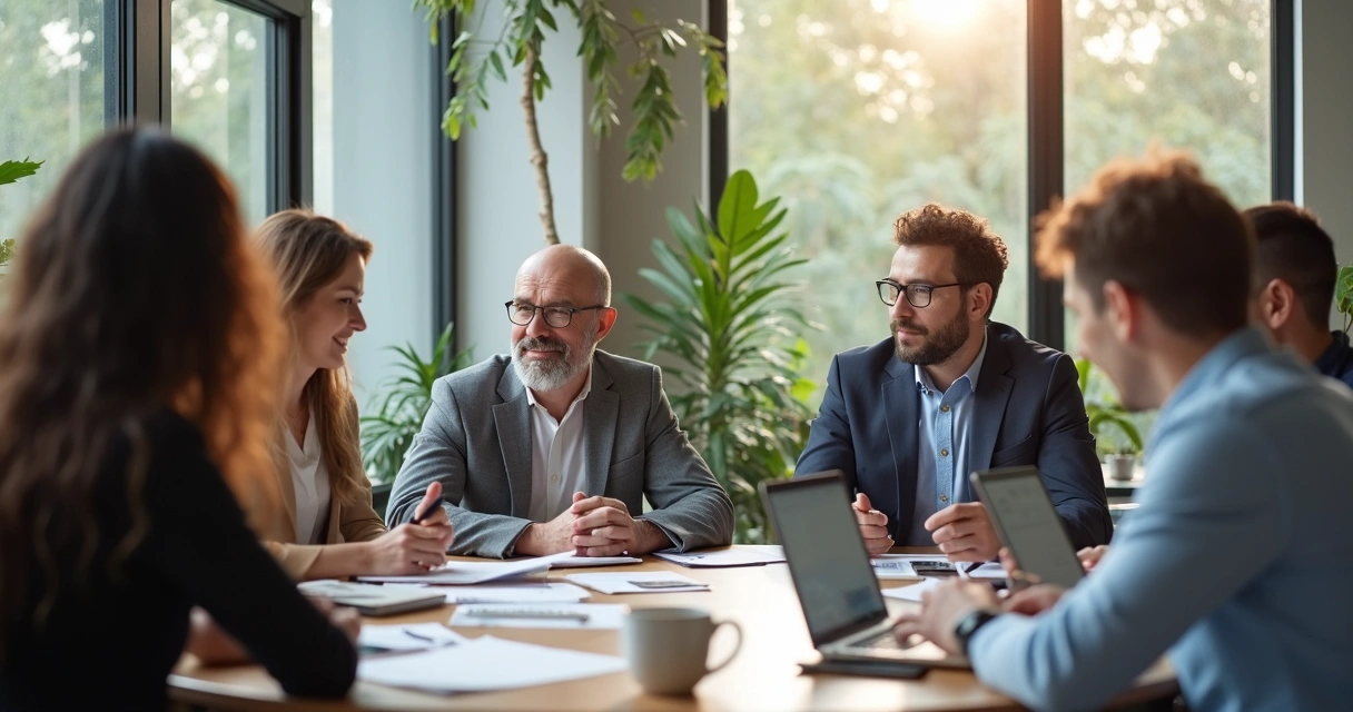 Reunião de equipe com líder ao centro, mostrando envolvimento da equipe. 