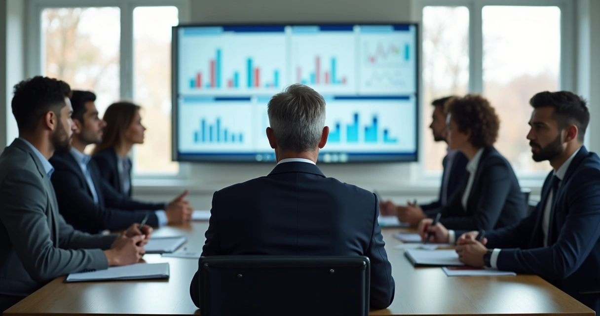 Líder empresarial analisando dados com equipe em sala de reunião, luz natural 