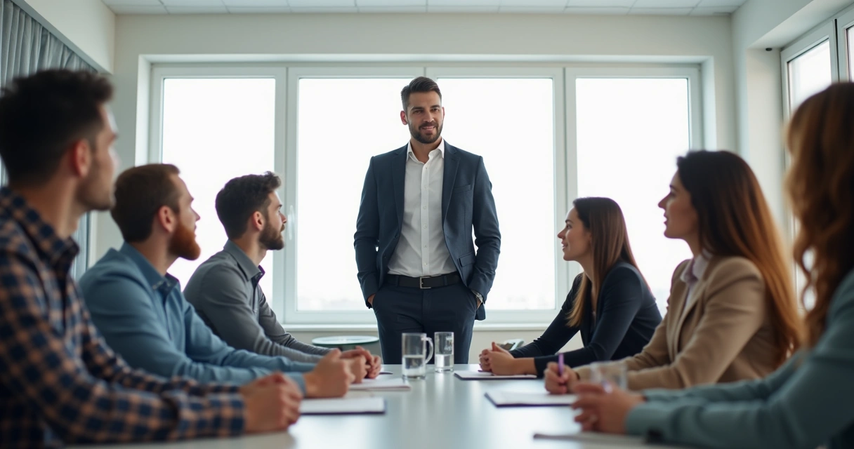 Líder ao centro com equipe reunida, todos atentos e engajados em sala iluminada.