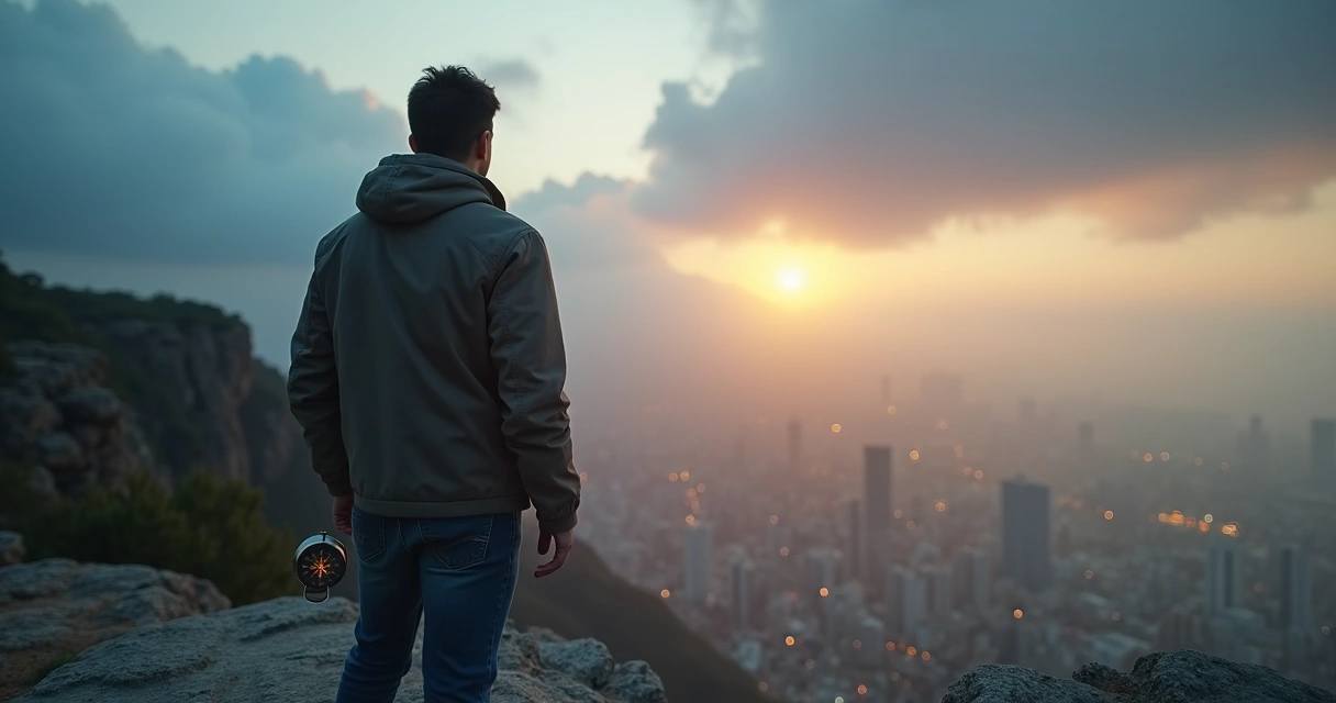 Pessoa em pé na beira de um penhasco olhando para cidade em neblina segurando bússola 